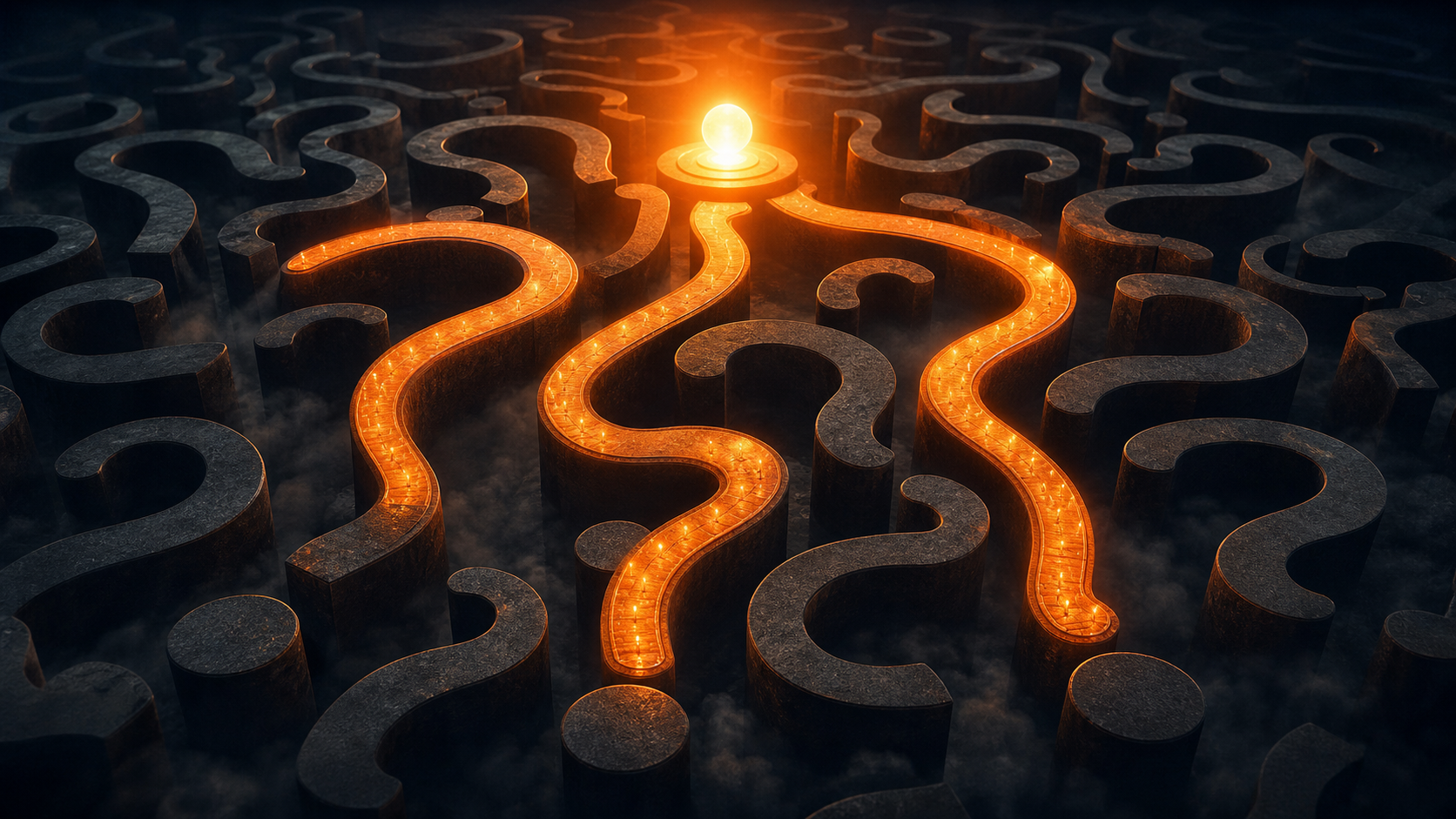 Question-shaped corridors sorted by an orange answer beacon