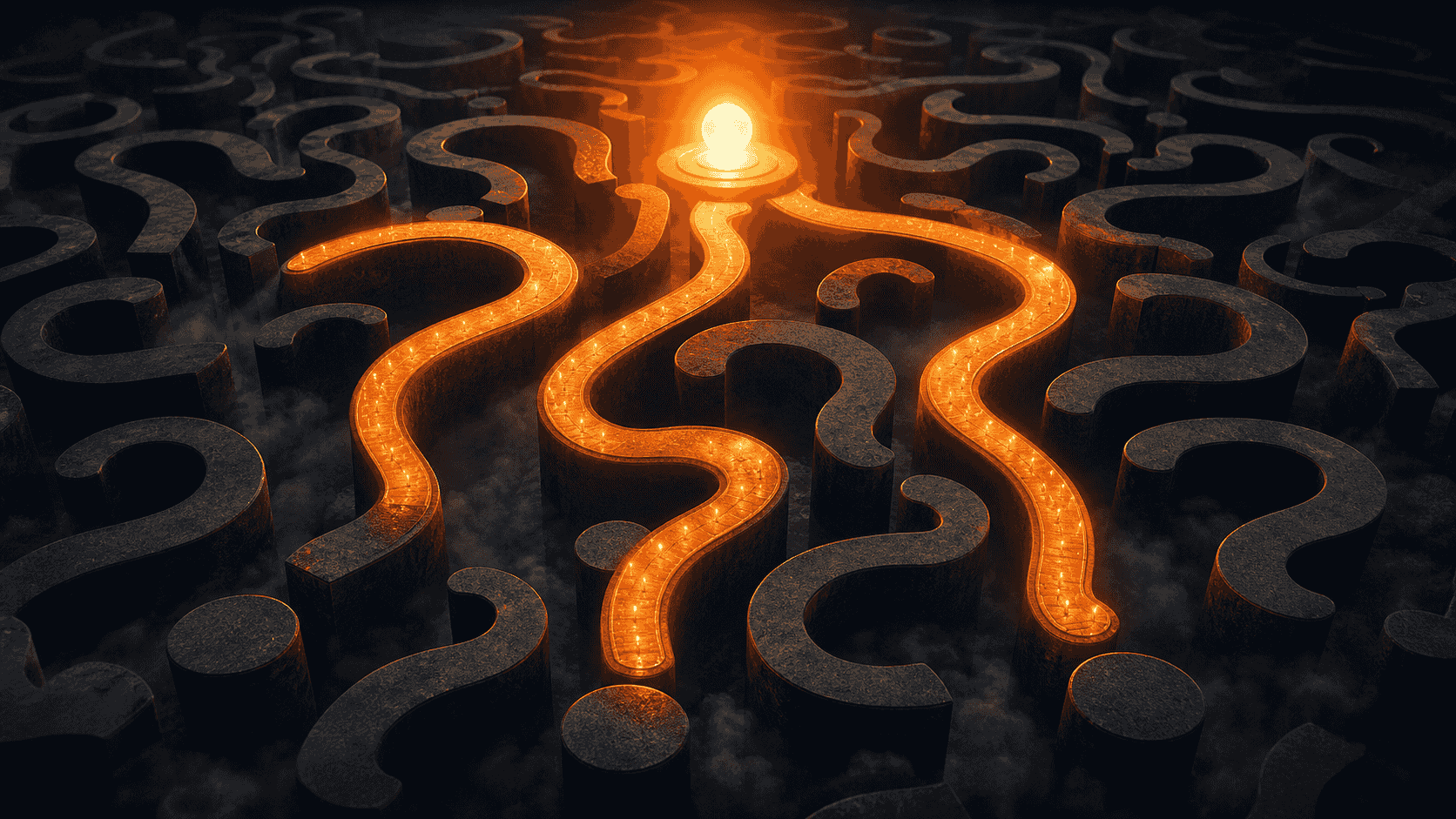 Question-shaped corridors sorted by an orange answer beacon