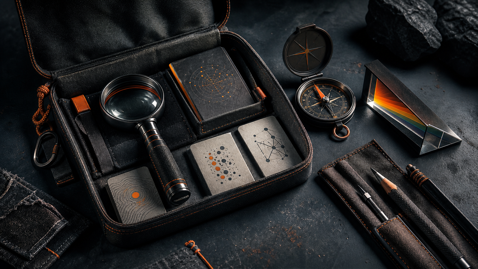 A compact handcrafted field kit with prompt lens, citation compass and traffic prism