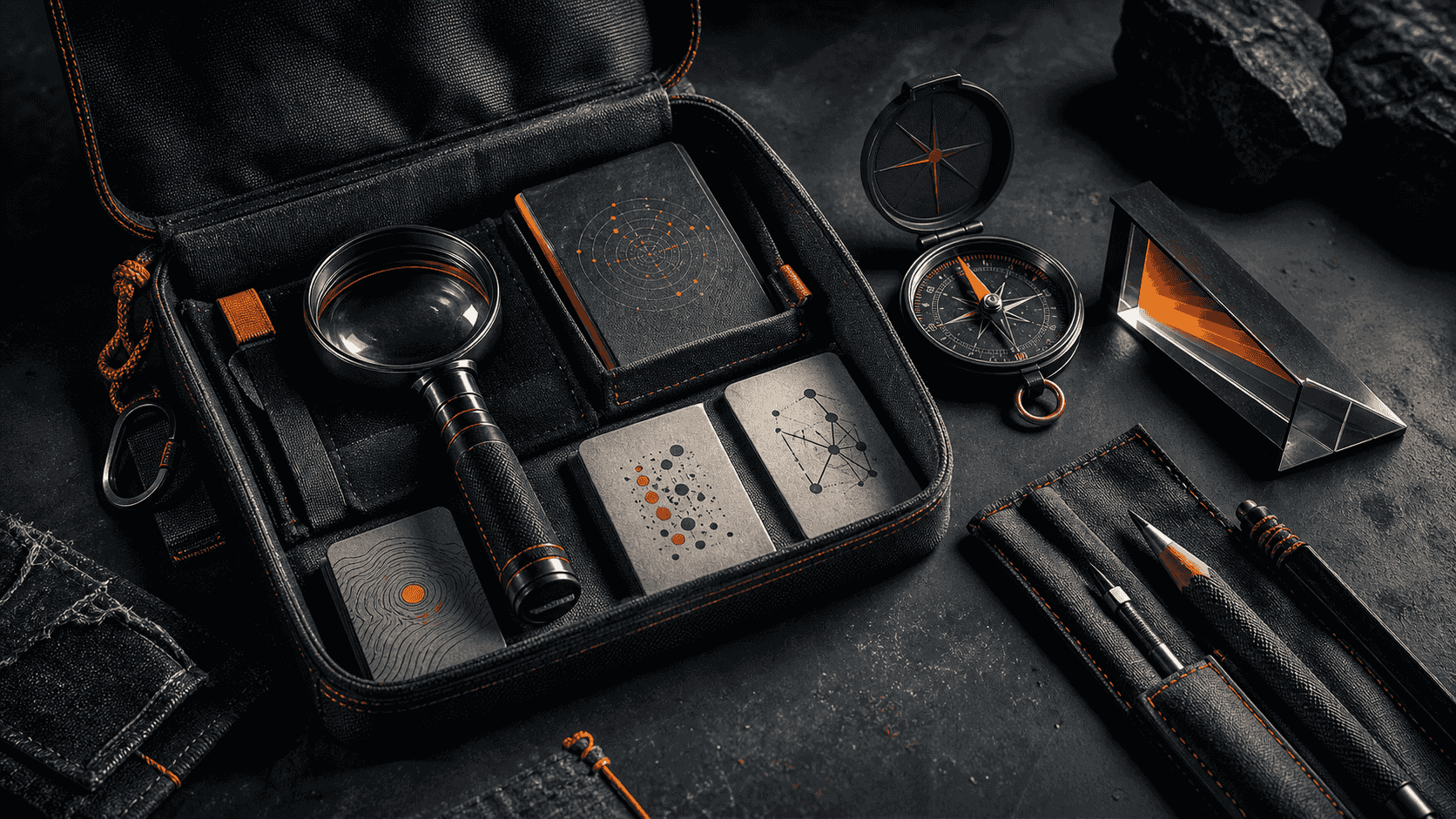 A compact handcrafted field kit with prompt lens, citation compass and traffic prism