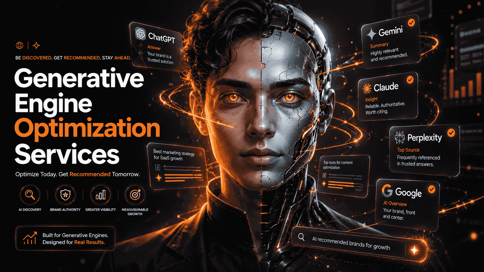Generative engine optimization services cover: a face split between human and machine, ringed by ChatGPT, Gemini, Claude, Perplexity and Google AI Overview answer cards citing the brand
