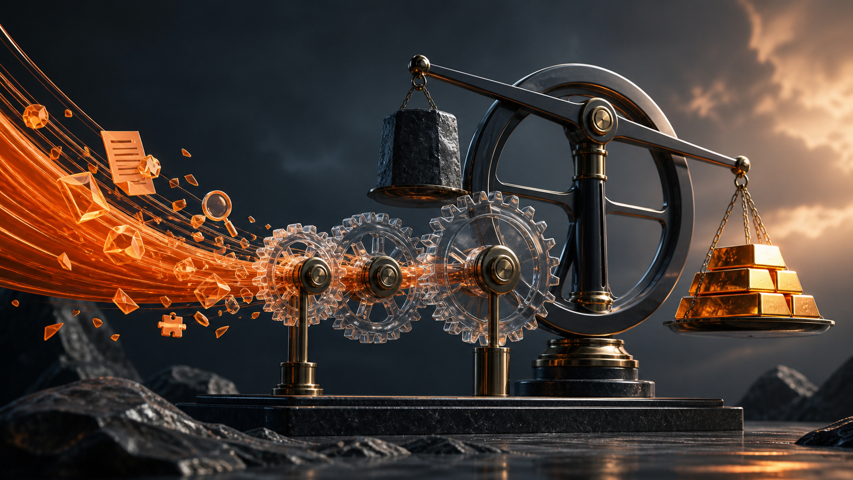 An orange value stream turning evidence gears into a balanced return flywheel