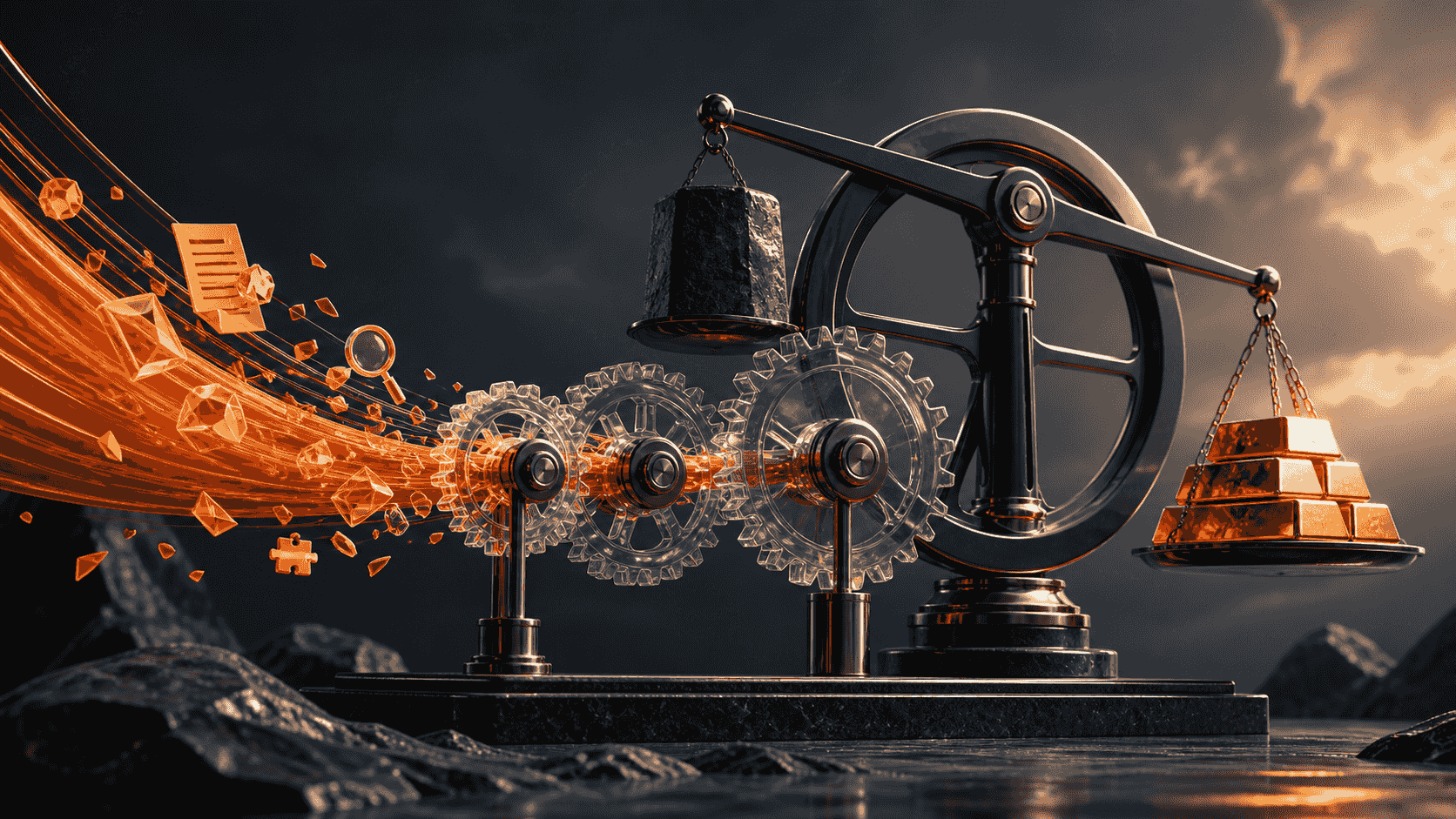 An orange value stream turning evidence gears into a balanced return flywheel