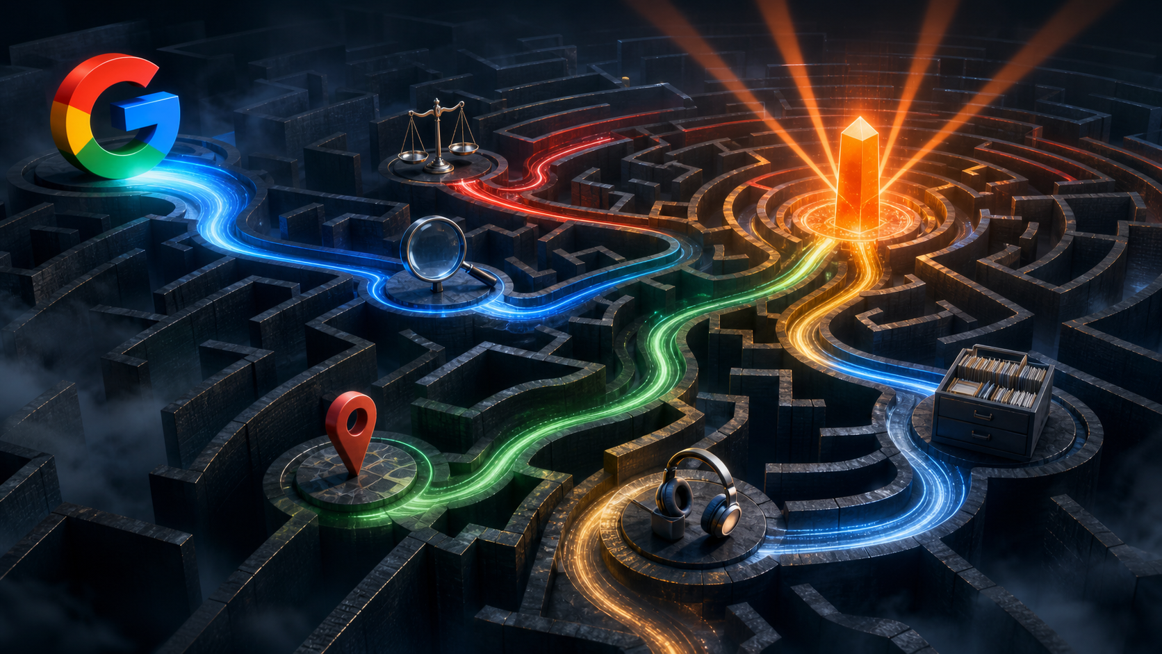Google AI Mode maze with branching research paths converging on an orange visibility beacon