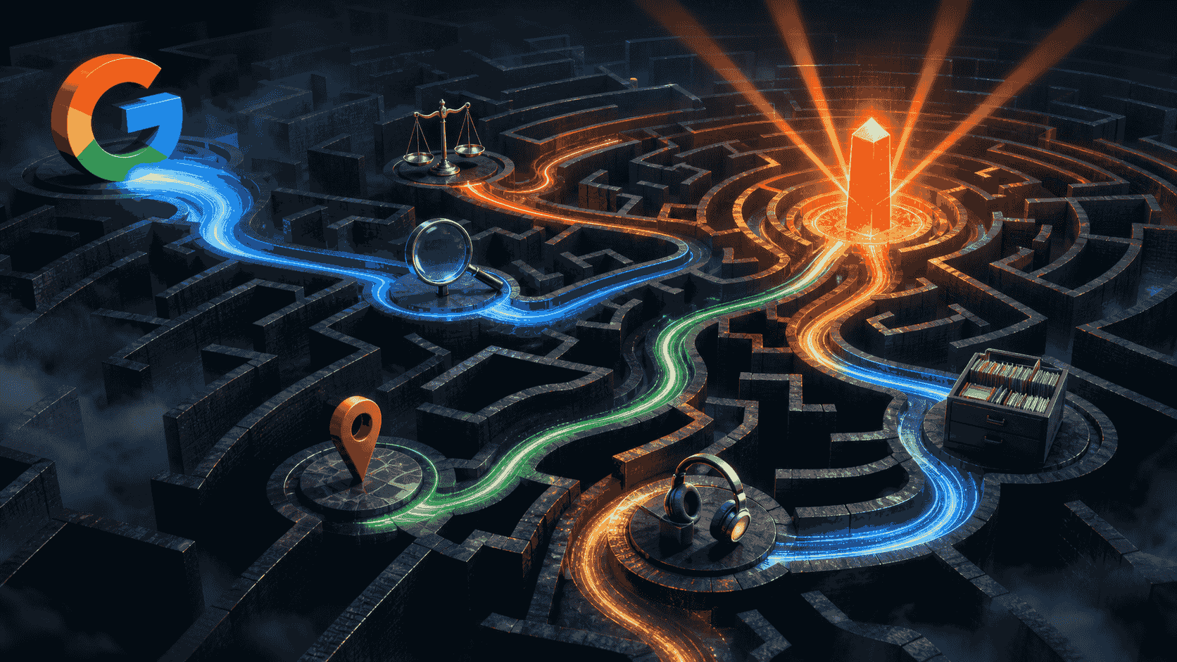 Google AI Mode maze with branching research paths converging on an orange visibility beacon
