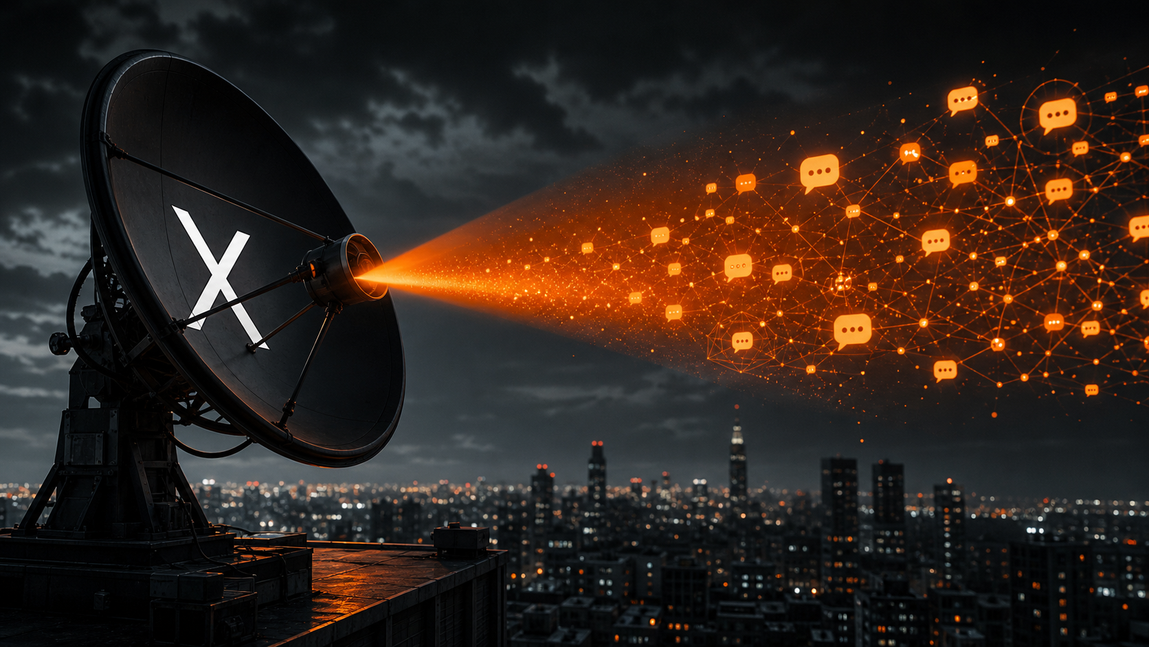 An X-branded satellite dish scanning public conversations with an orange beam