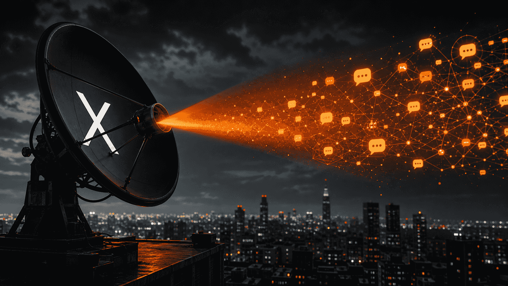 An X-branded satellite dish scanning public conversations with an orange beam