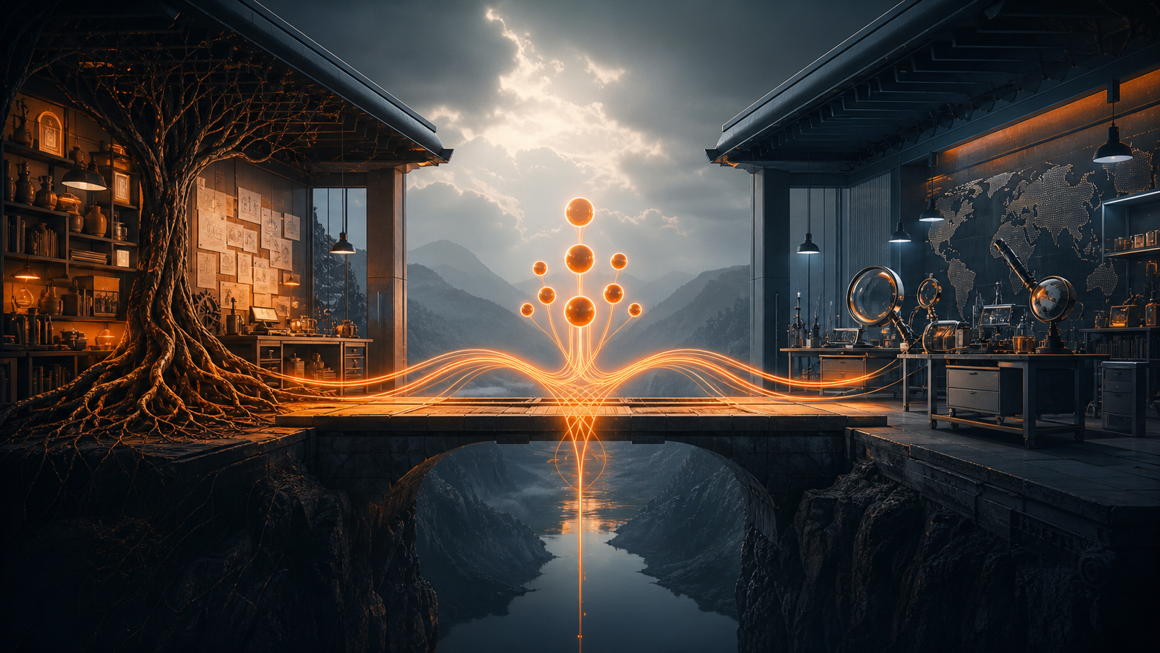 Two complementary specialist workshops connected by a hybrid workflow bridge