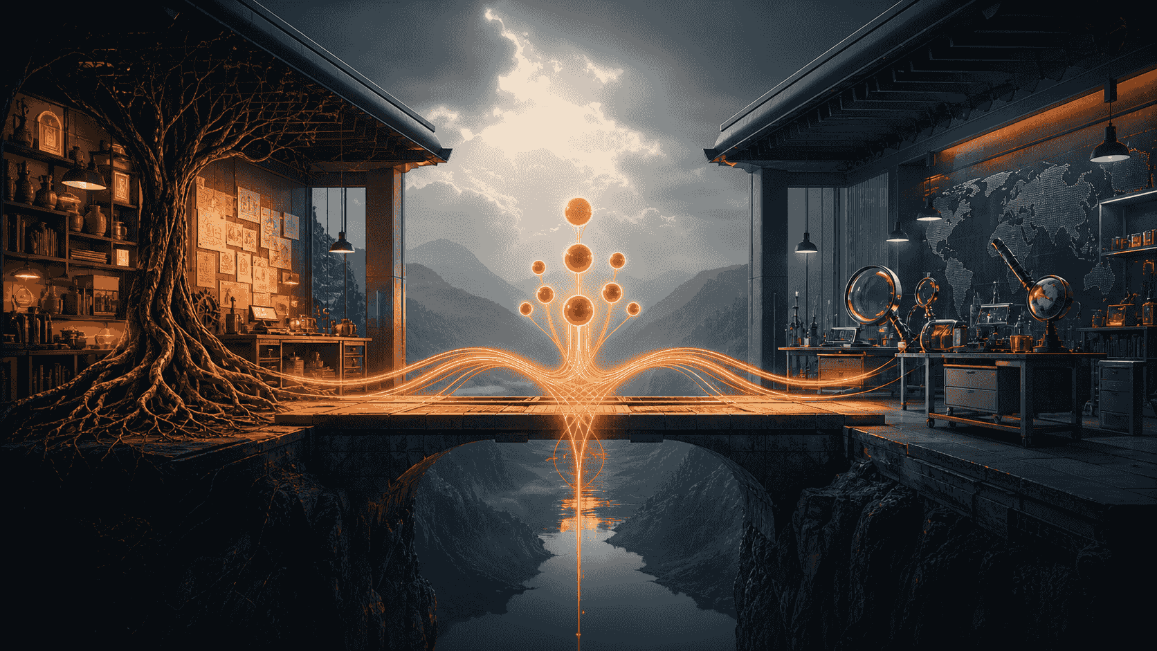 Two complementary specialist workshops connected by a hybrid workflow bridge