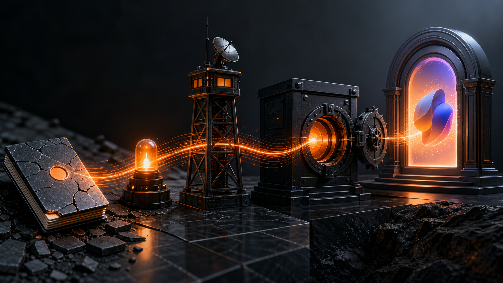 An orange update pulse moving through crawl, index and Copilot source stages