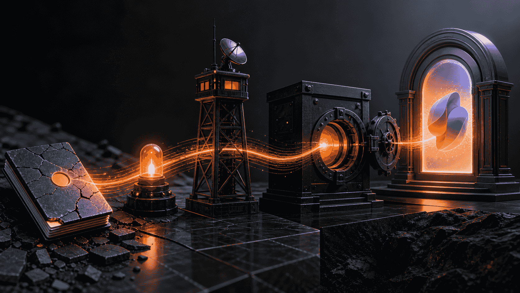 An orange update pulse moving through crawl, index and Copilot source stages