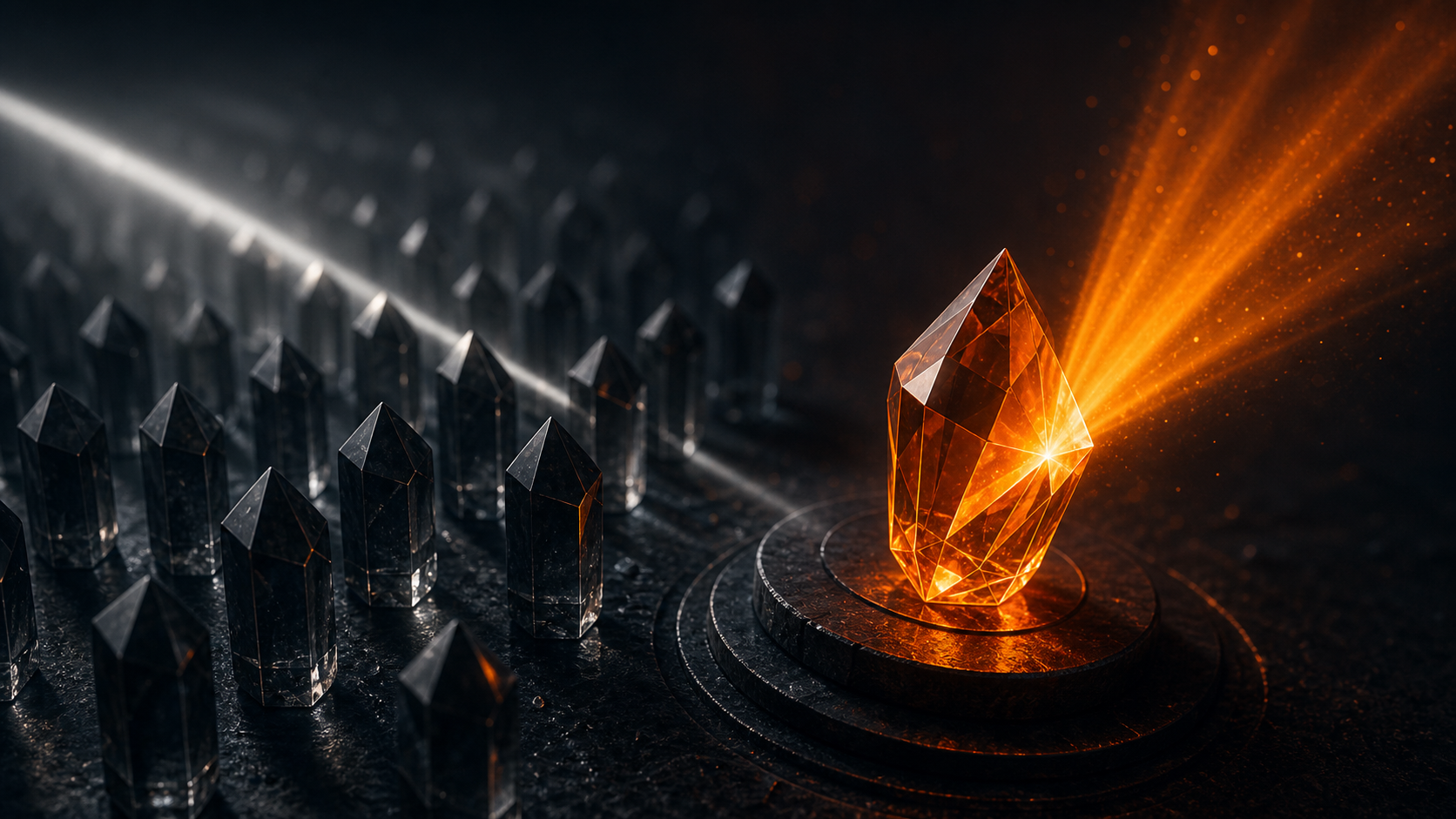 One original orange evidence crystal creating a new beam among repetitive muted echoes