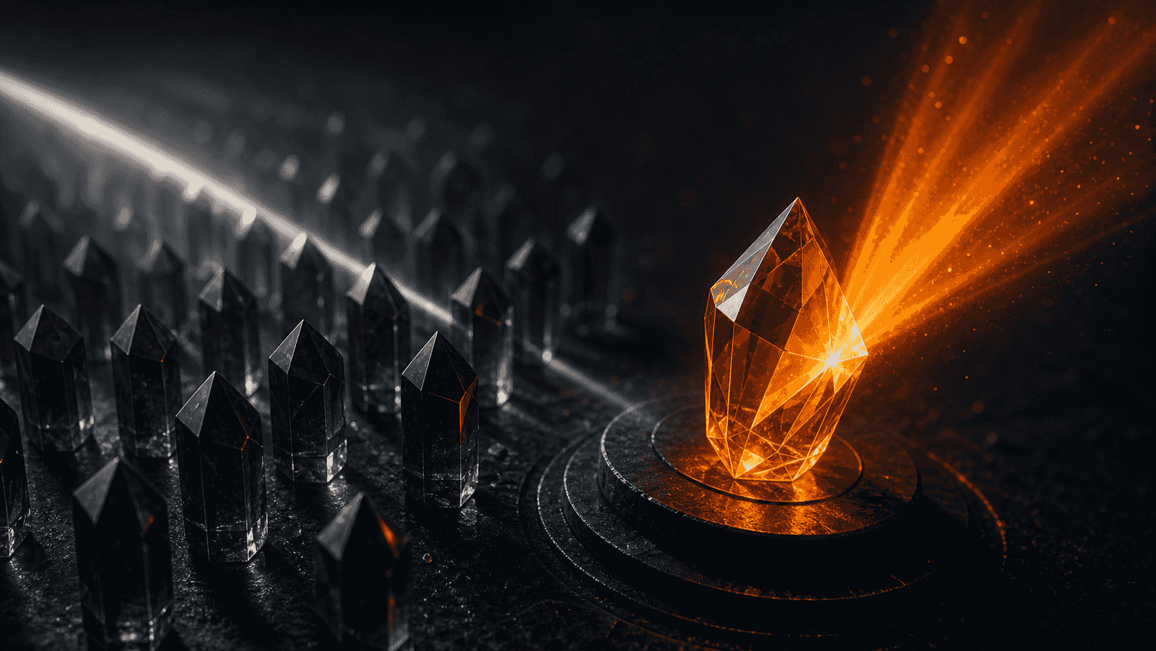 One original orange evidence crystal creating a new beam among repetitive muted echoes