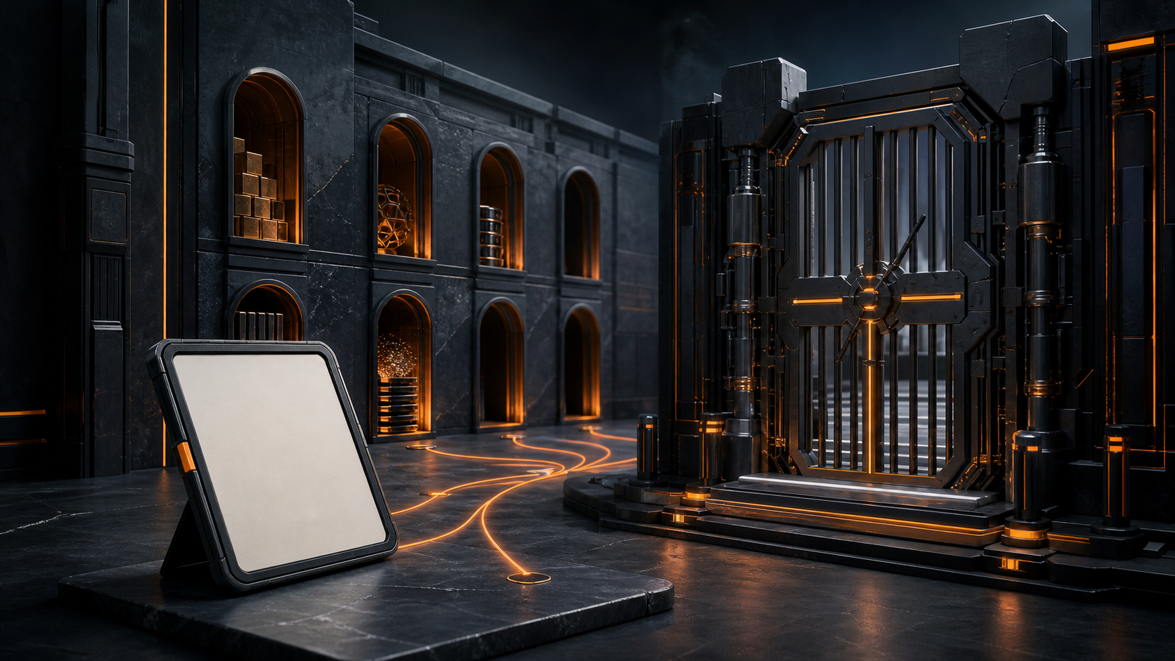 A curated index tablet guiding toward content beside a separate fortified robots control gate