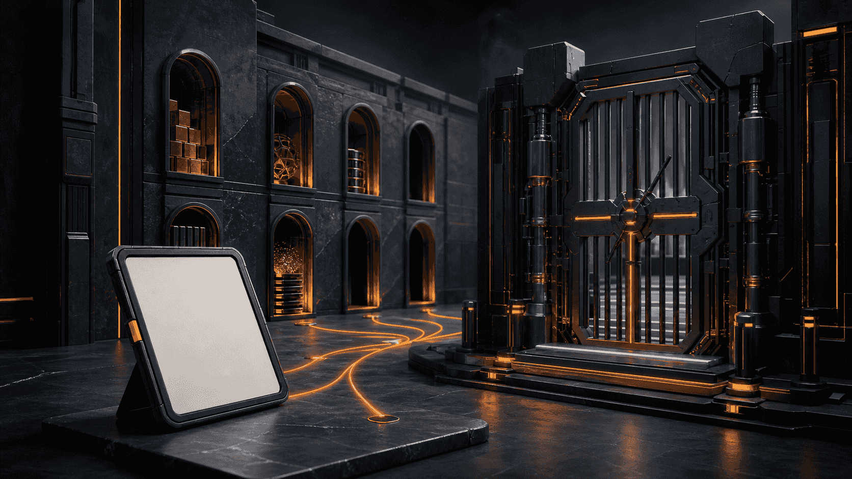 A curated index tablet guiding toward content beside a separate fortified robots control gate