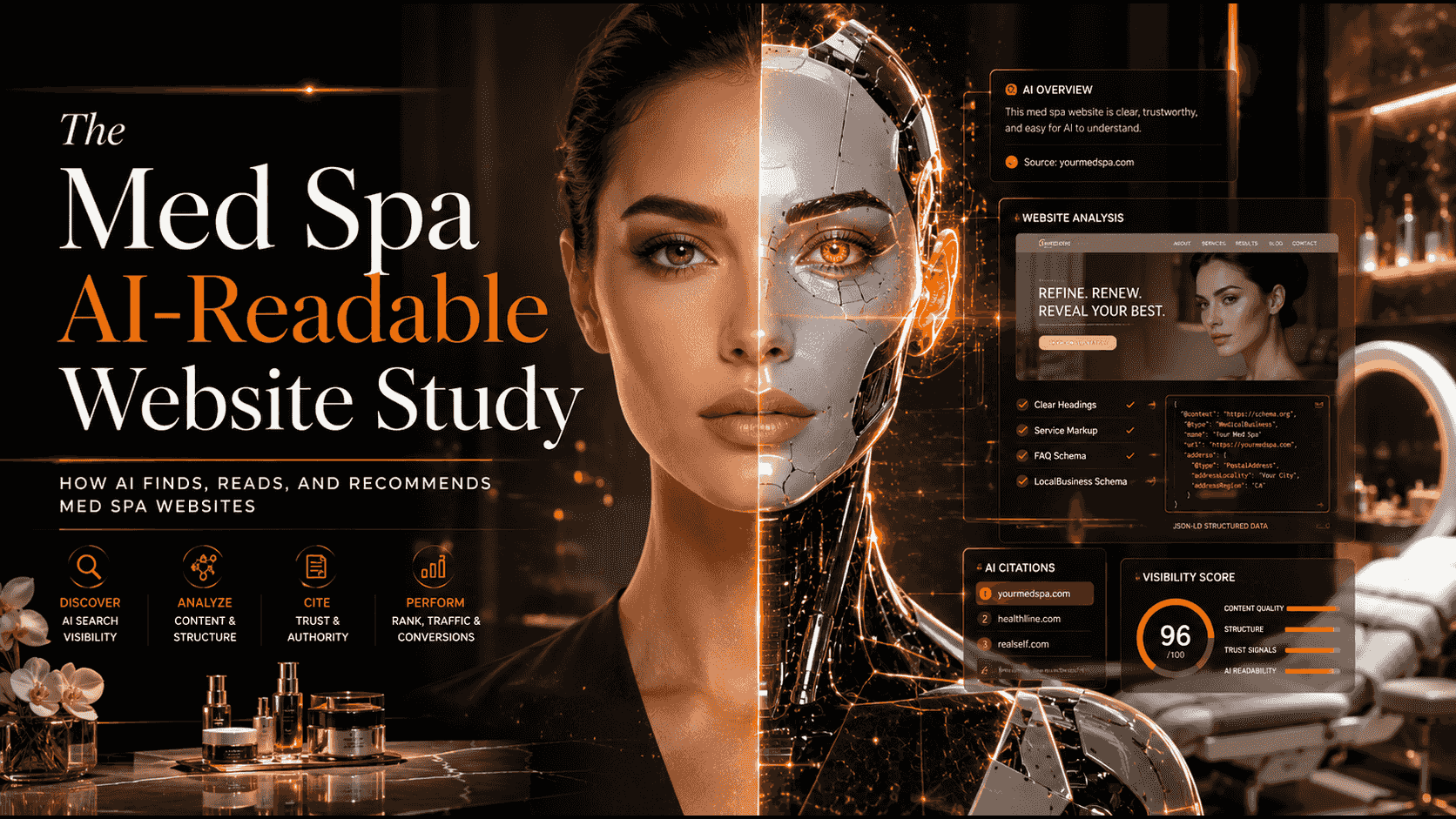 Cover of The Med Spa AI-Readable Website Study, showing a face split between human and machine beside AI citation and schema readouts