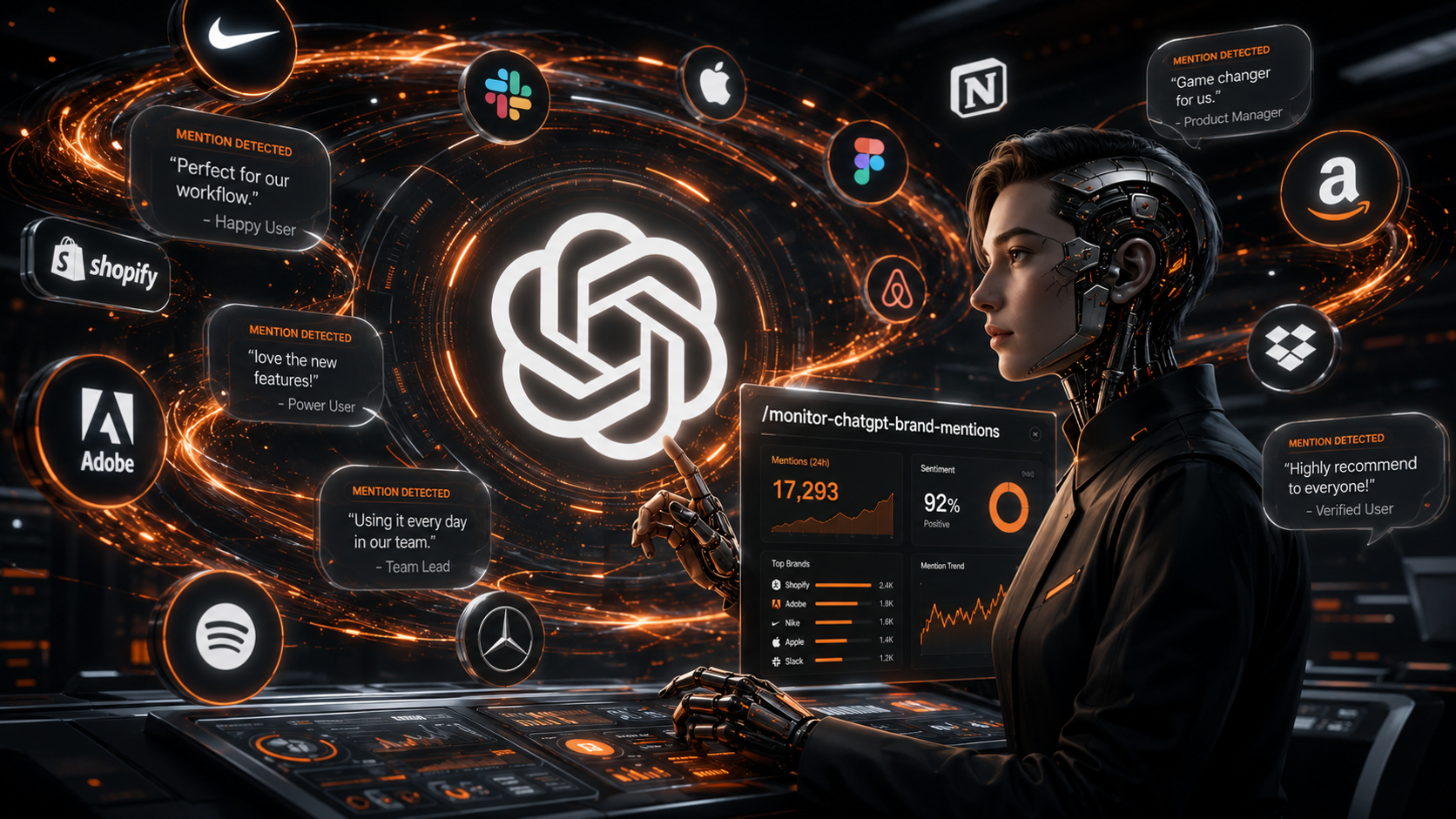 Analyst monitoring ChatGPT brand mention dashboards at a dark console with orange analytics panels