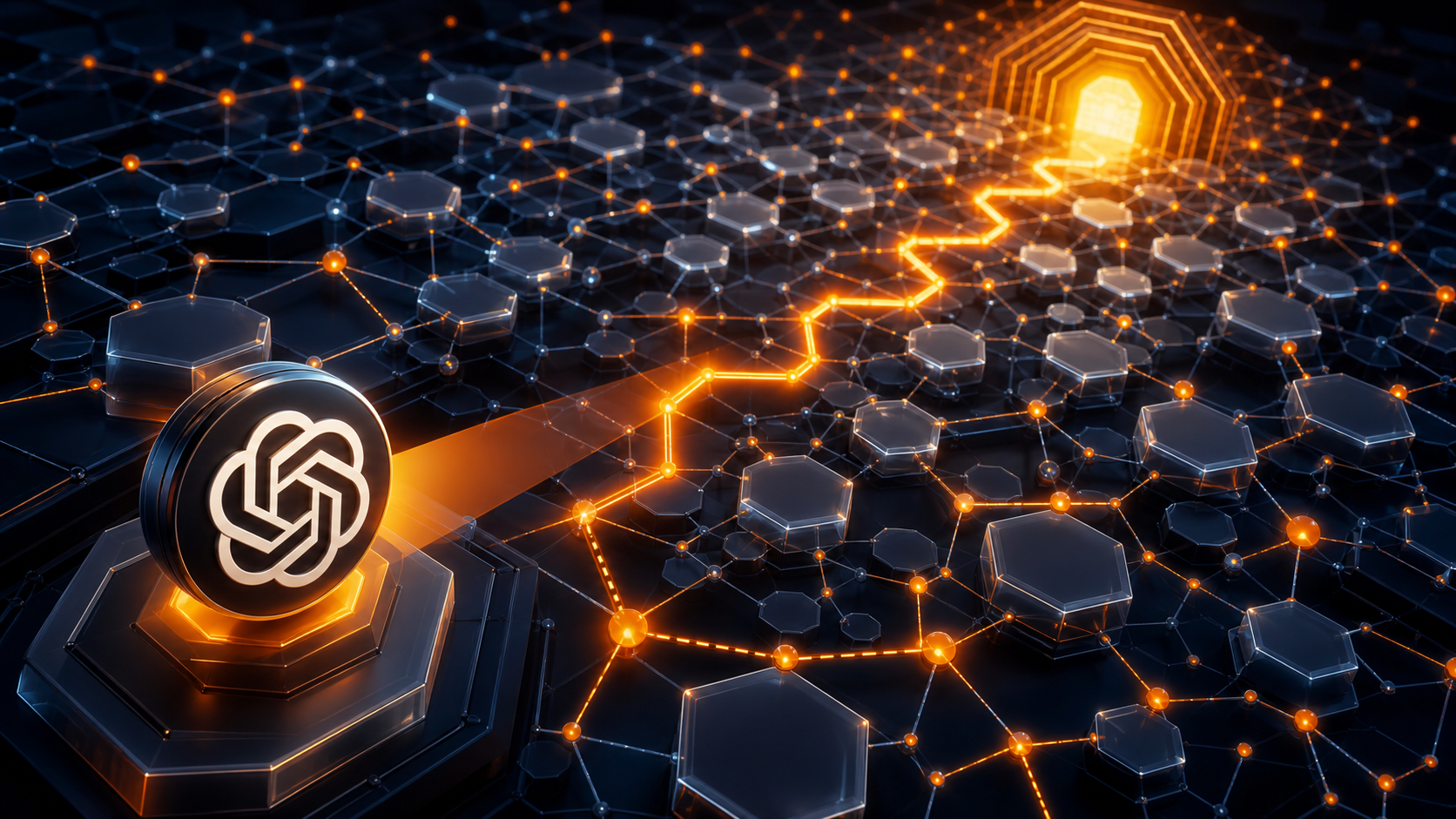 The OpenAI symbol tracing an orange discovery route through a text-free geometric web-node labyrinth