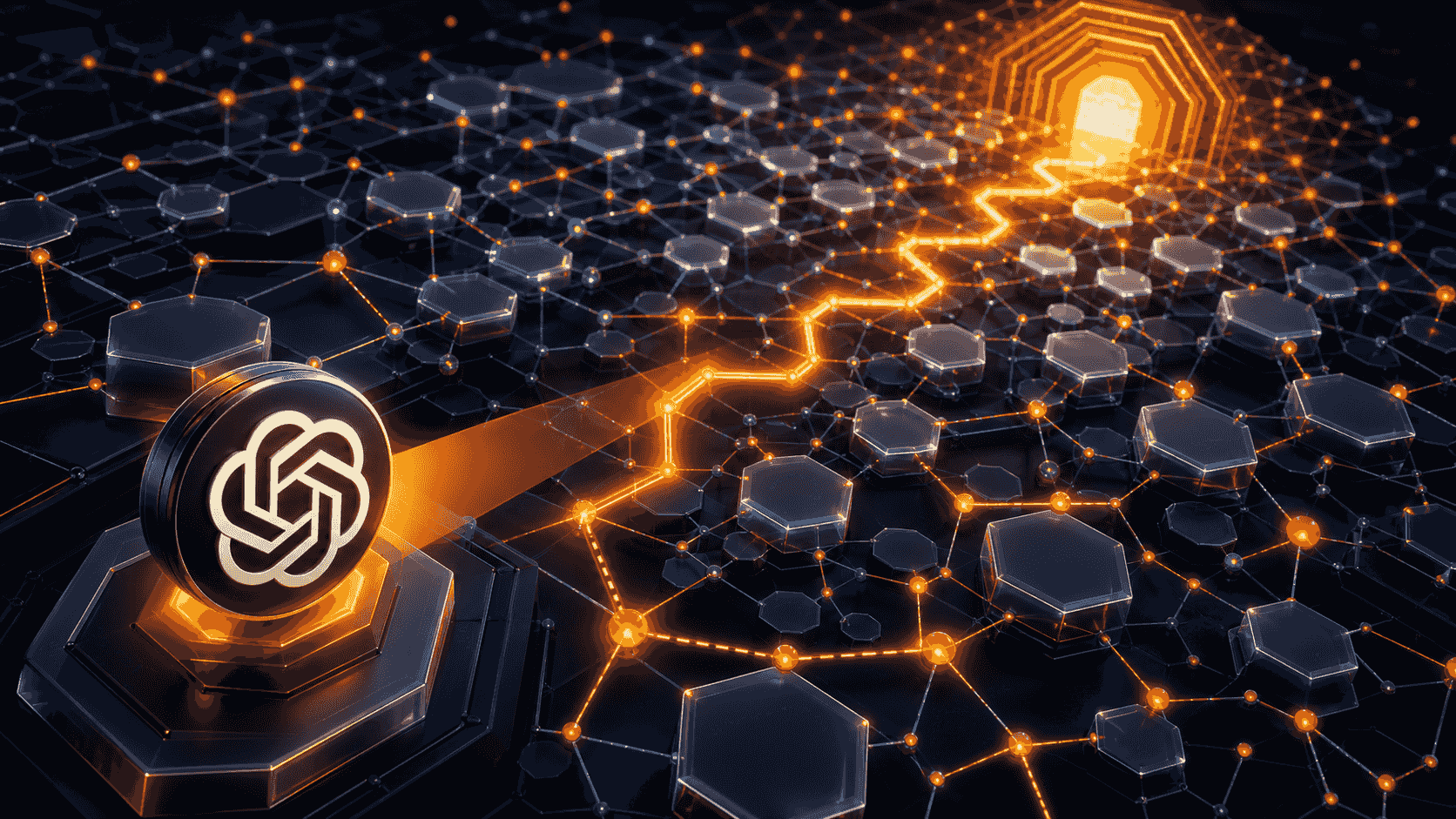The OpenAI symbol tracing an orange discovery route through a text-free geometric web-node labyrinth