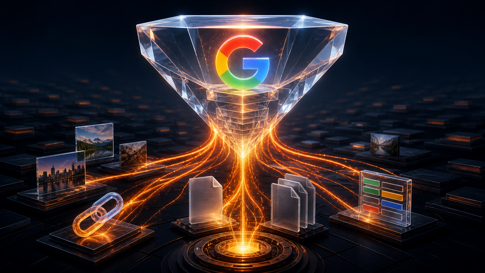 Google AI Overview prism synthesizing source images, documents and structured data through orange pathways