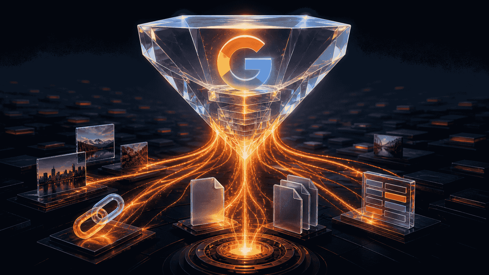 Google AI Overview prism synthesizing source images, documents and structured data through orange pathways