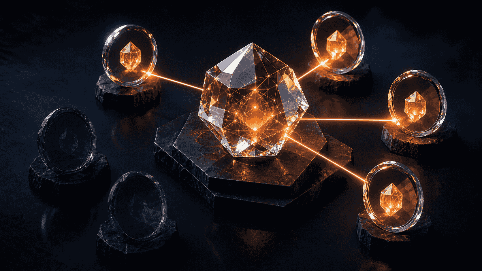 One organisation crystal connected to matching external identity mirrors