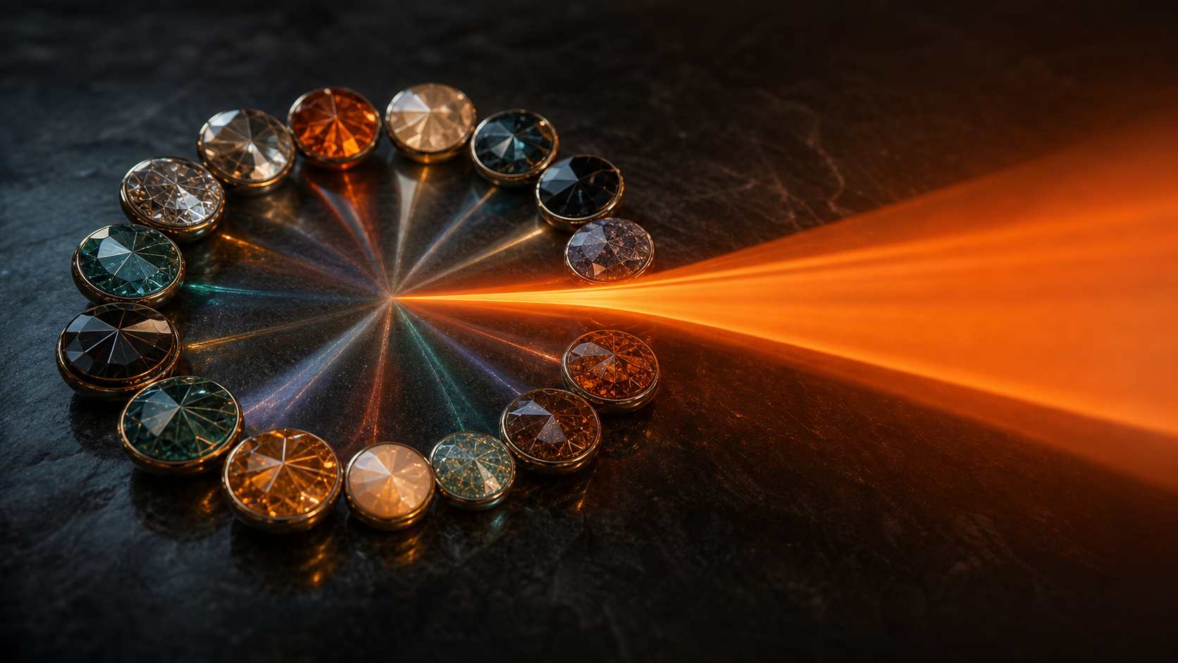 A ring of authentic review stones refracting an orange recommendation beam