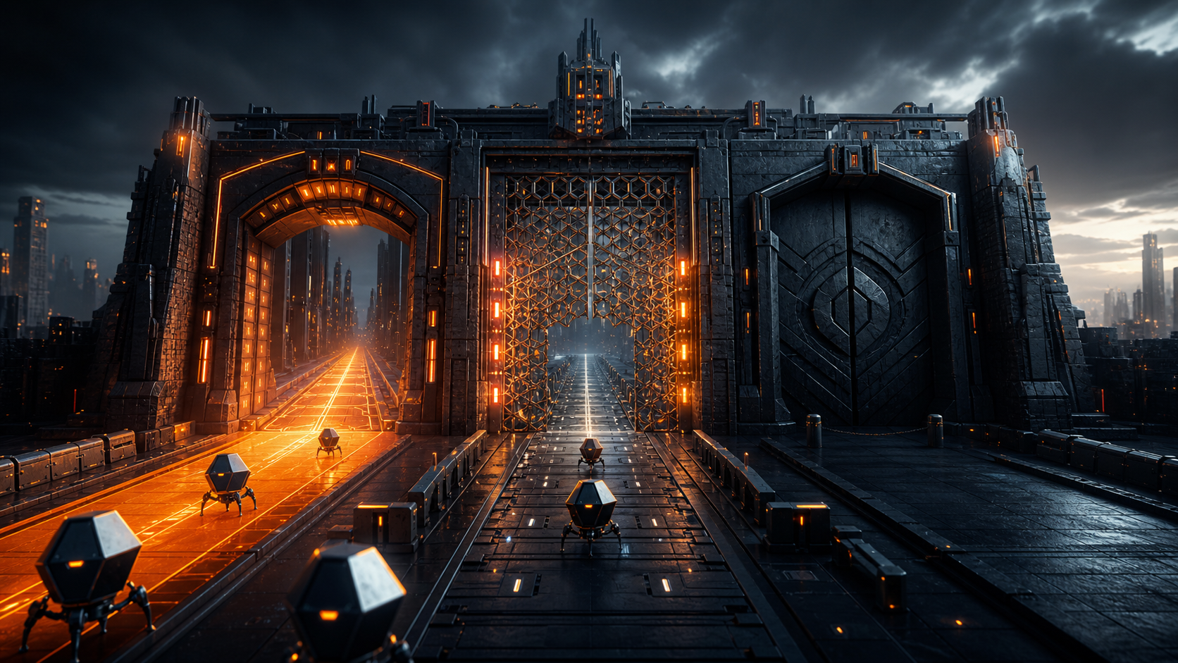 A dark digital fortress with open, filtered and blocked access gates for abstract web crawlers