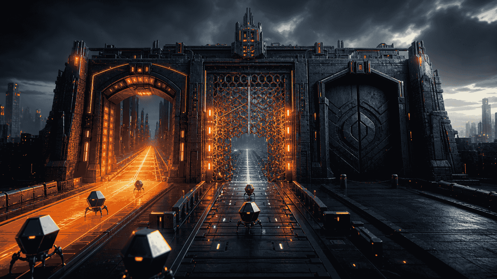 A dark digital fortress with open, filtered and blocked access gates for abstract web crawlers