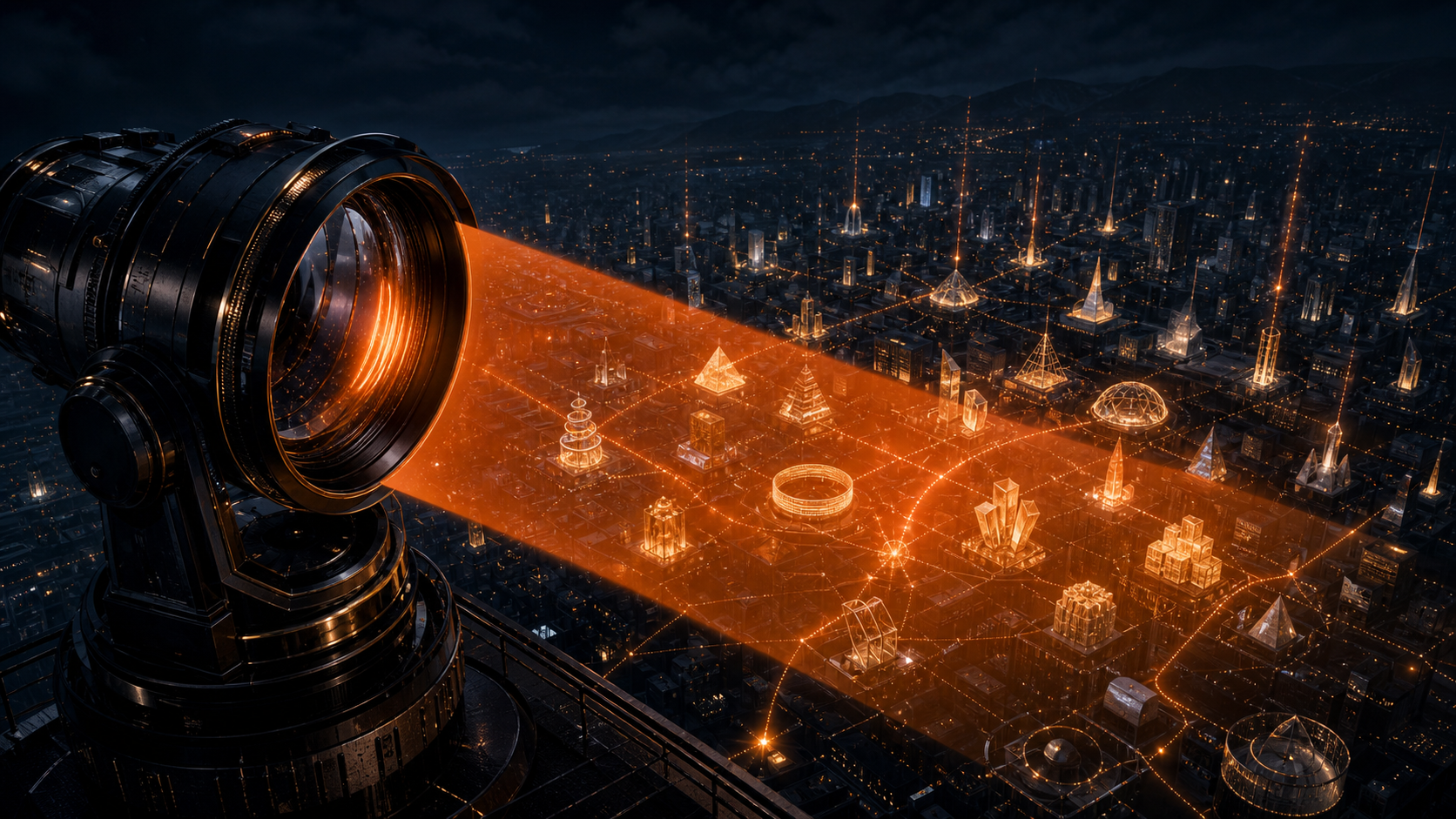 An orange observatory beam revealing evidence networks across a dark digital city