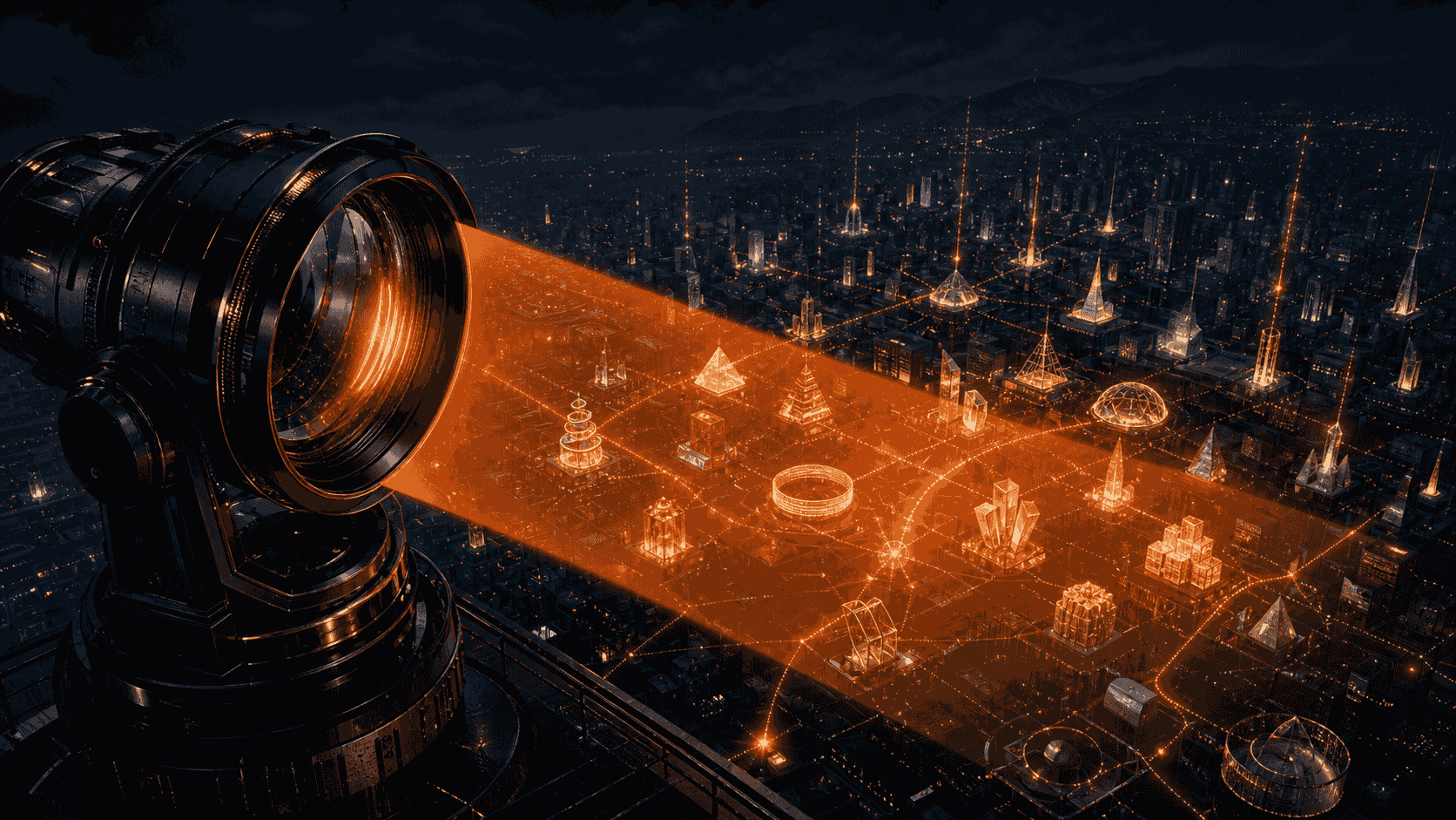 An orange observatory beam revealing evidence networks across a dark digital city