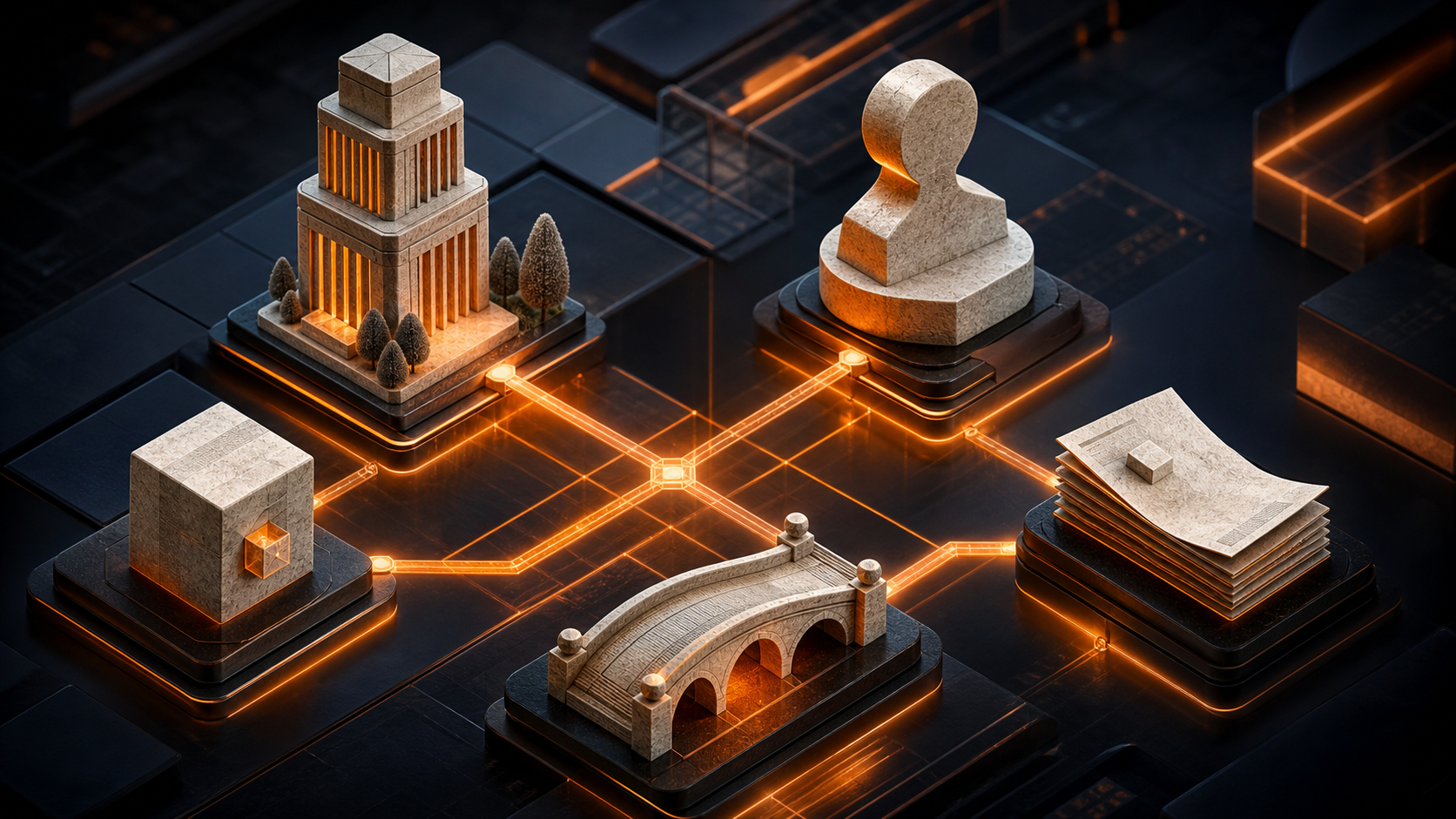 Connected entity sculptures assembled by an orange schema lattice