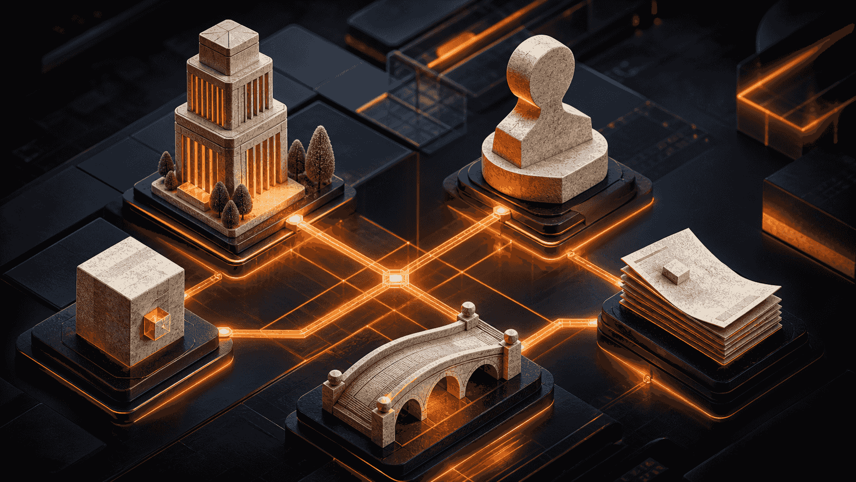 Connected entity sculptures assembled by an orange schema lattice