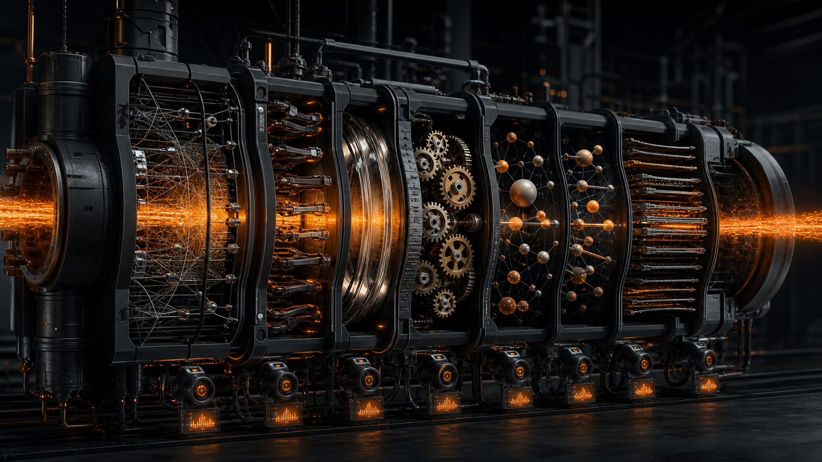 An orange inspection beam passing through a layered technical engine