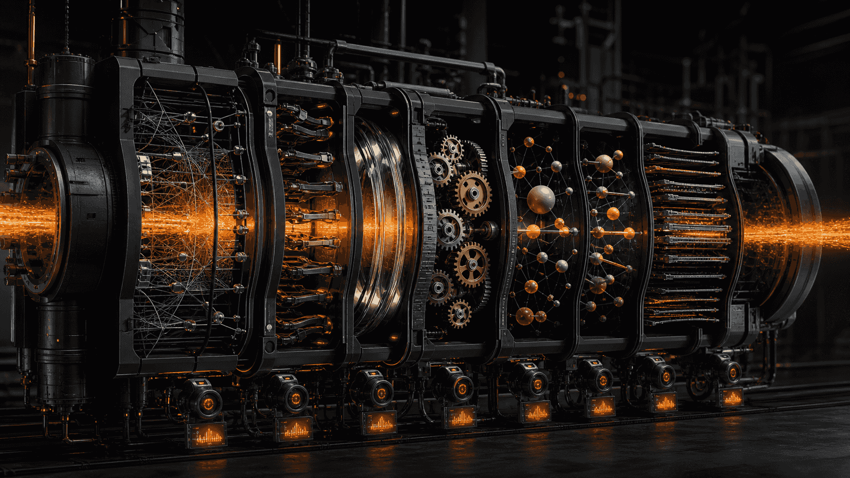 An orange inspection beam passing through a layered technical engine