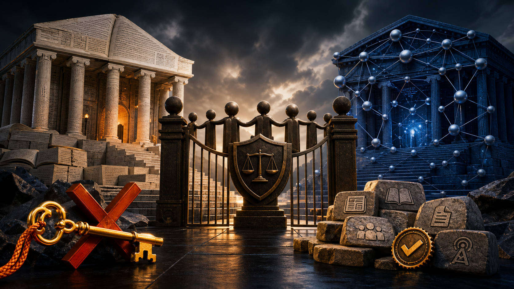 Two public knowledge temples protected by an impartial eligibility gate