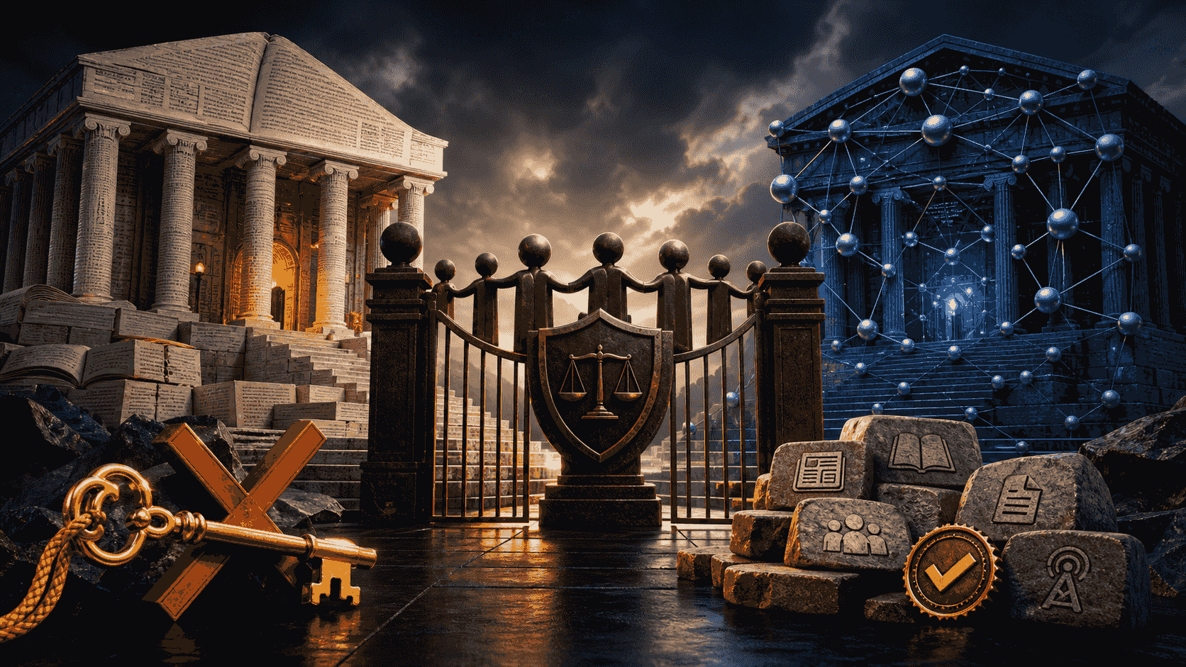 Two public knowledge temples protected by an impartial eligibility gate